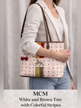 MCM White and Brown Tote with Colorful Stripes
